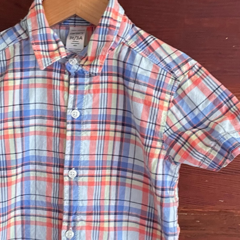 5/$30💥NEW Carter's Plaid Button-Down Shirt, Orange Yellow White, Short Sleeve